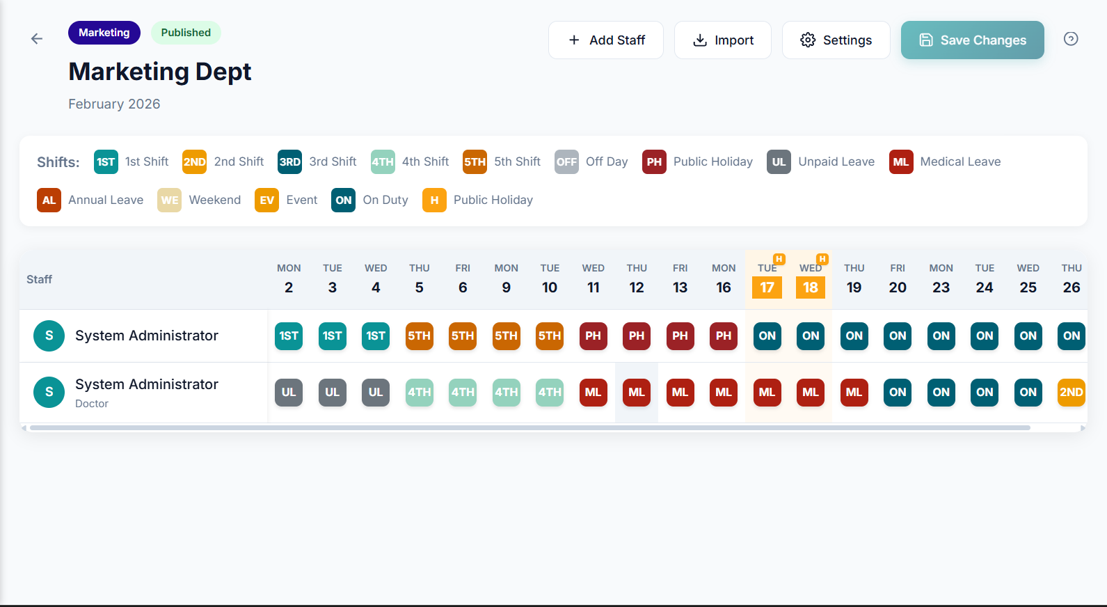 Rosterly Detail Roster View - Comprehensive roster details and shift management